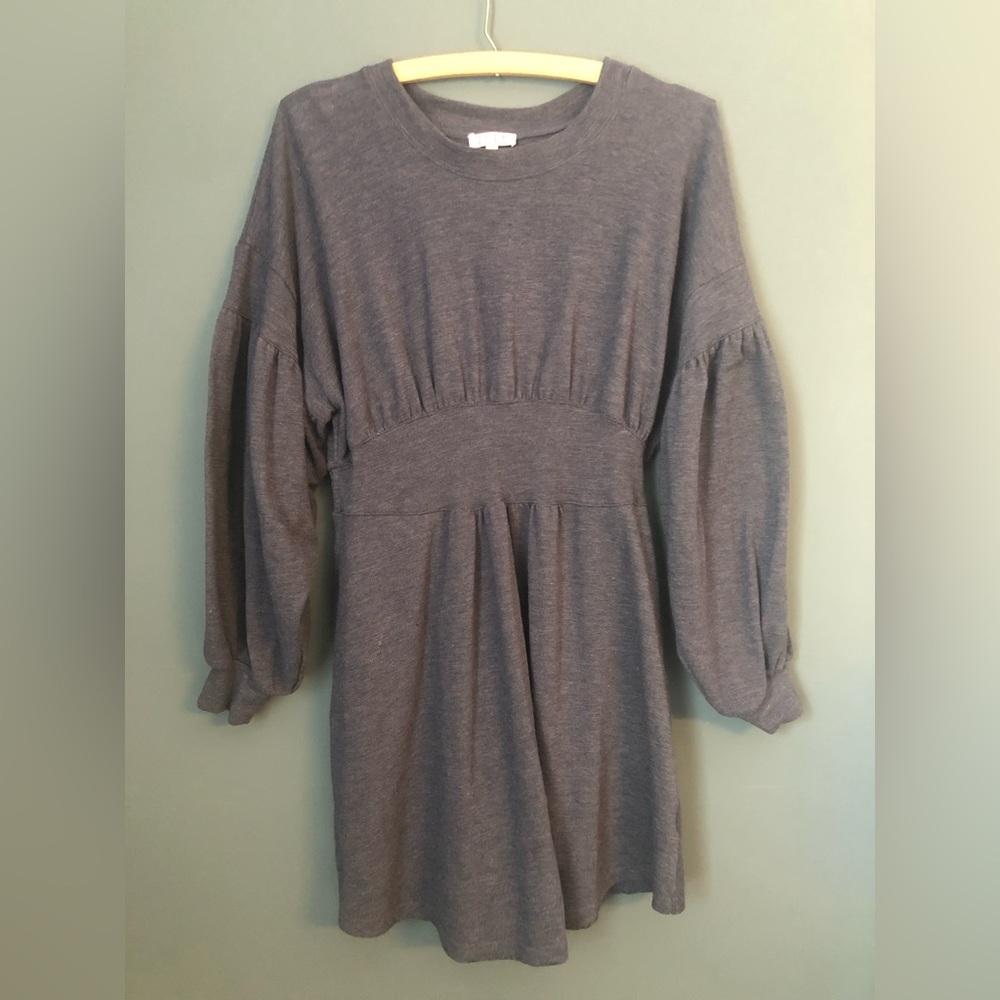 TCEC Puff Sleeve Sweatshirt Dress. Light Navy.